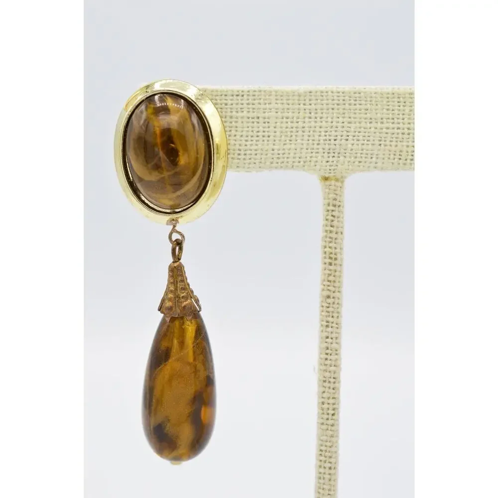 Vintage Dangle Earrings Lucite Marbled Brown Tortoise Chunky 1980s 9L